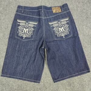 Mecca Denim Shorts Mens 36 38x13 Dark Wash Baggy Jorts Embroidered Hip Hop Y2K